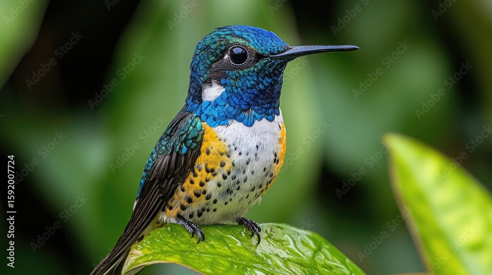 Fototapeta premium Colorful Hummingbird Perched on Leaf in Rainforest
