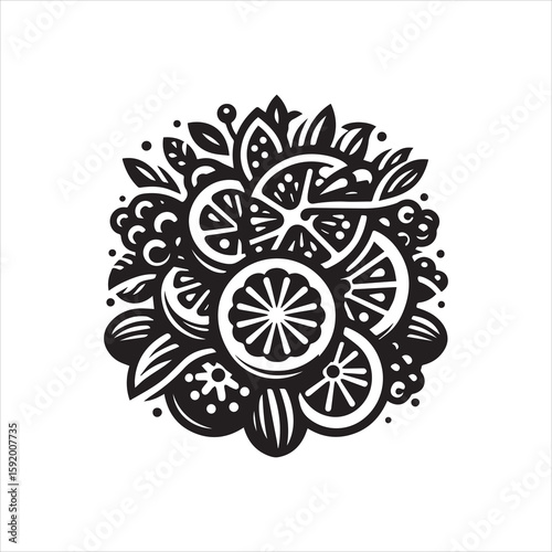 Intricate Black and White Citrus and Foliage Illustration Design.