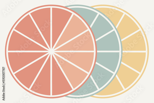 Three stylized citrus fruit slices in pastel colors arranged in a row