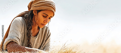 A beautiful illustration of the biblical figure Ruth, gleaning grain in a golden harvest field. A painterly banner symbolizing faith, humility, loyalty, and diligent work.