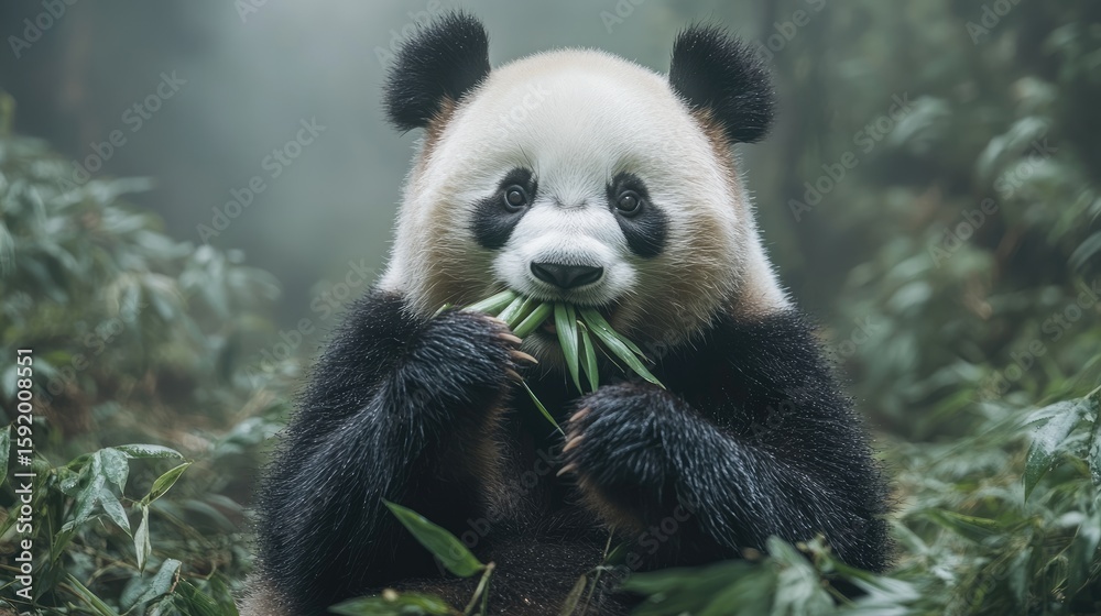 Fototapeta premium Cute Panda Eating Bamboo in Lush Forest