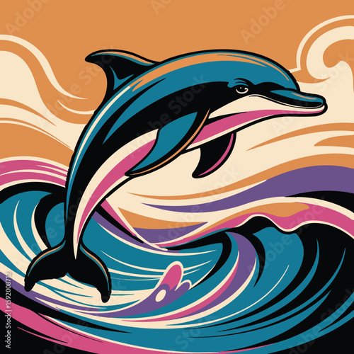 Dolphin jumping in and out of the water in a cartoon vector ocean scene