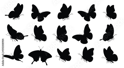 Collection of fluttering butterfly silhouettes in various poses capturing their graceful movements
