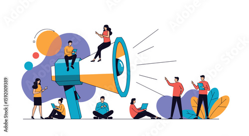 Team members gather around a large megaphone announcing something important to a diverse group of people