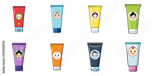 Multiple vector illustrations of tubes with printed baby face illustration, beauty, care, health, sunscreen, etc


