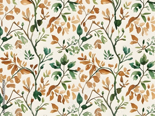 Wallpaper Mural Watercolor Botanical Pattern: An artistic and elegant seamless watercolor pattern features detailed depictions of botanical elements, leaves, and branches. Torontodigital.ca