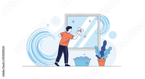Man cleaning a large window with a cloth and bucket of soapy water