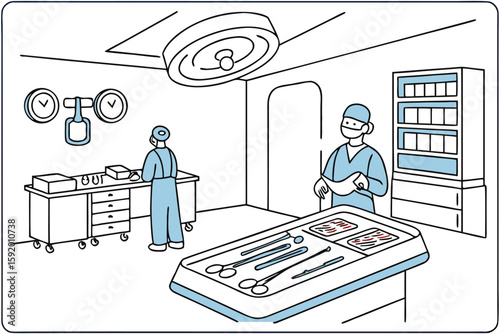 Operating Room Illustration Depicting Medical Personnel and Surgical Equipment Preparation