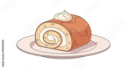 A deliciously creamy swiss roll dessert served on a simple white plate with a touch of whipped cream topping