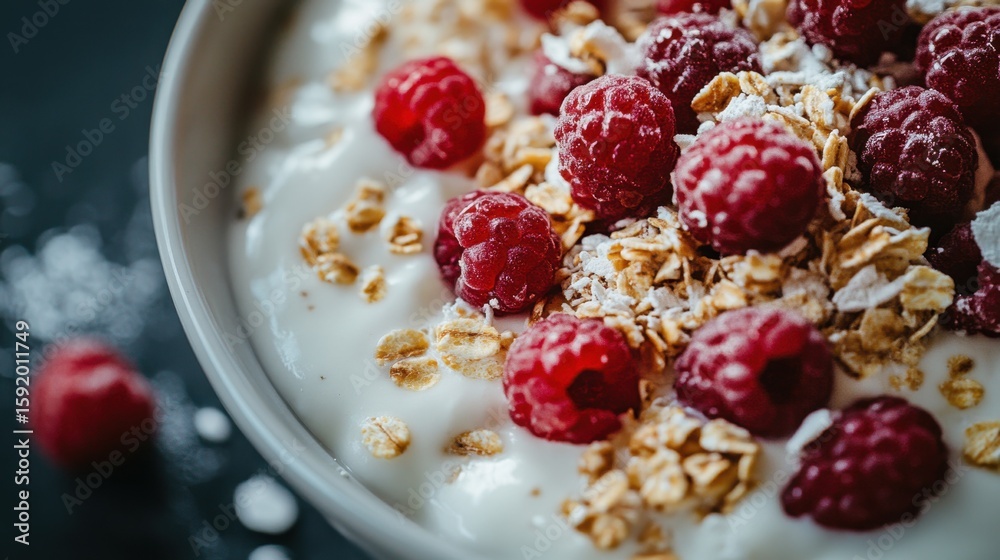 This image features a bowl of fresh yogurt topped with vibrant raspberries and crunchy oats, perfect for a healthy breakfast or snack. Enjoy the delicious combination! This image features a bowl of fresh yogurt topped with vibrant raspberries and crunchy oats, perfect for a healthy breakfast or snack. Enjoy the delicious combination!