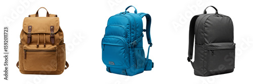 School supplies set with three colorful backpacks isolated without background  