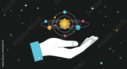 Abstract geometric orbiting shapes held in human hand with stars background