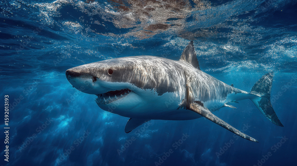 Naklejka premium Great White Shark Underwater in Blue Ocean