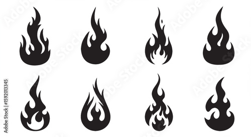 A collection of 8 solid black flame silhouettes, each
uniquely styled in an upside-down droplet shape.