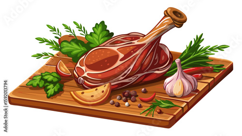 Traditional raw gourmet duck leg with herbs offered as close-up on a wooden design board white background