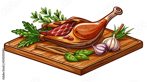 Traditional raw gourmet duck leg with herbs offered as close-up on a wooden design board white background