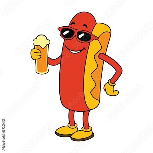 Cool hot dog cartoon rocking sunglasses and sipping cola, full of summer vibes and attitude—chillin' like a snack boss under the sun!
