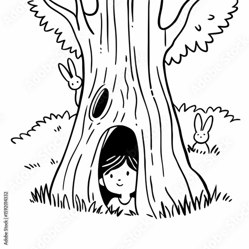 Storybook line art_ Curious kid peeking into a hollow tree trunk in a playground, rabbits inside. Soft cross-hatching, nostalgic pencil-sketch texture