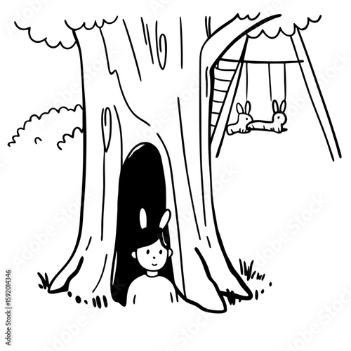 Storybook line art_ Curious kid peeking into a hollow tree trunk in a playground, rabbits inside. Soft cross-hatching, nostalgic pencil-sketch texture