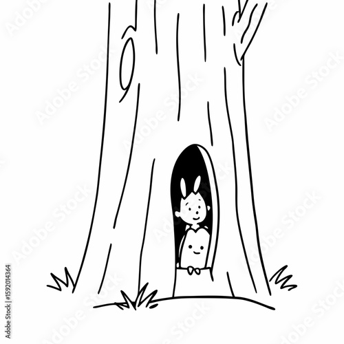 Storybook line art_ Curious kid peeking into a hollow tree trunk in a playground, rabbits inside. Soft cross-hatching, nostalgic pencil-sketch texture