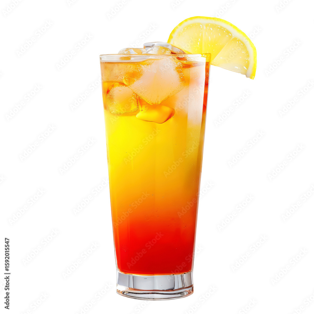 A vibrant Tequila Sunrise in a tall glass with ice, showcasing a stunning red-to-yellow gradient. Garnished with a lemon wedge on the rim, the drink looks refreshing and tropical A vibrant Tequila Sunrise in a tall glass with ice, showcasing a stunning red-to-yellow gradient. Garnished with a lemon wedge on the rim, the drink looks refreshing and tropical