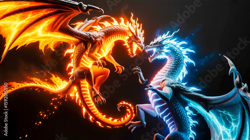 A dramatic digital art composition of two fierce dragons facing each other against a black background.