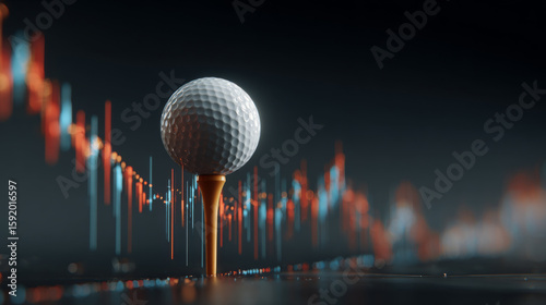 Golf ball perched on tee with dynamic stock market graph in background, symbolizing intersection of sports and finance. scene is dramatic and futuristic