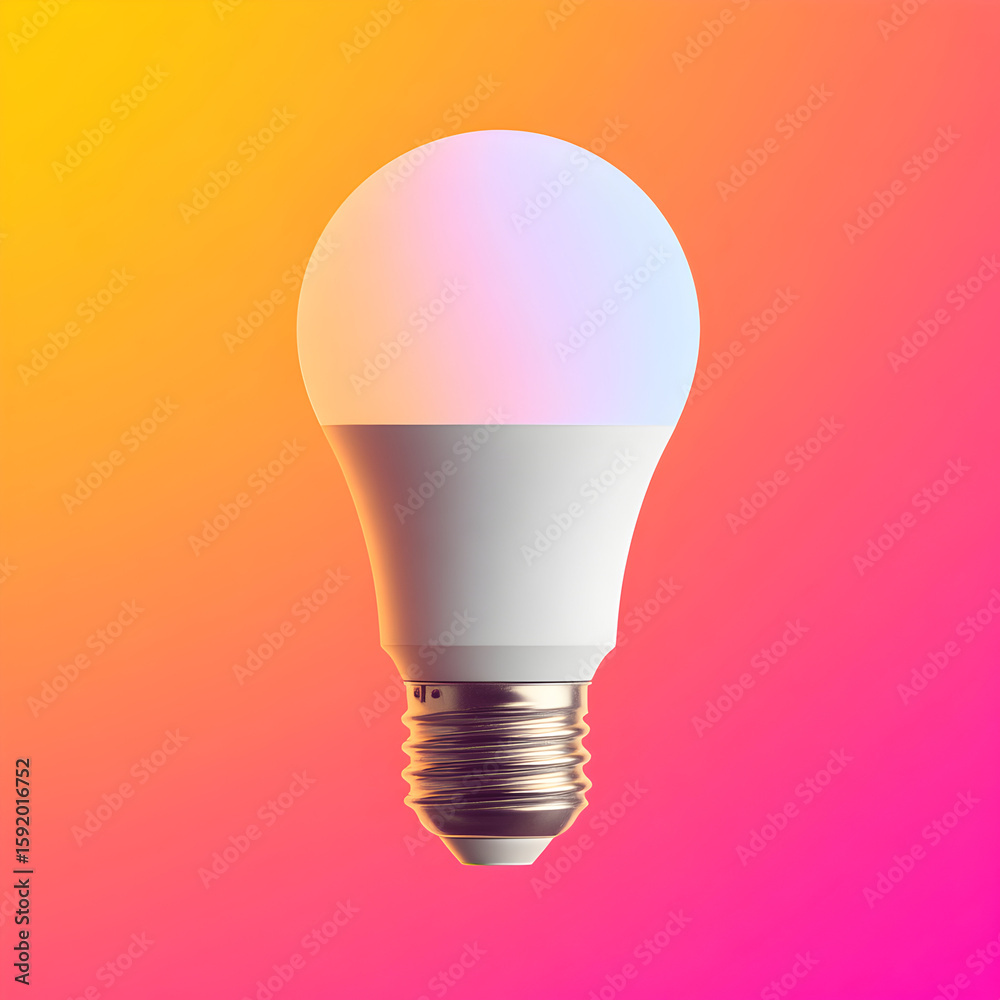 Modern LED light bulb glowing in vibrant hues against a colorful gradient backdrop during a creative design concept session Modern LED light bulb glowing in vibrant hues against a colorful gradient backdrop during a creative design concept session