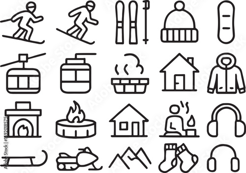 Winter Sports and Activities Icons Set skiing snowboarding