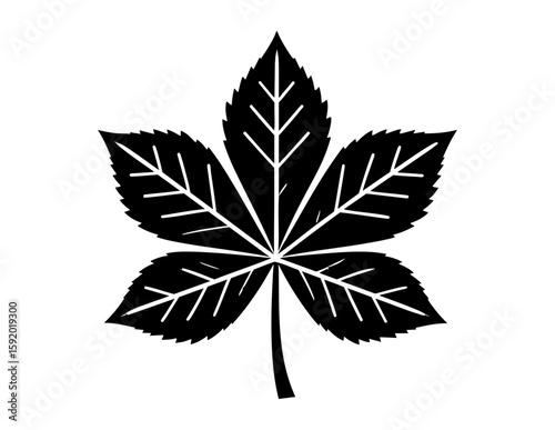 Black chestnut leaf silhouette vector isolated, detailed veins, five lobes, bold outline, perfect for botanical, autumn, or nature themed designs.