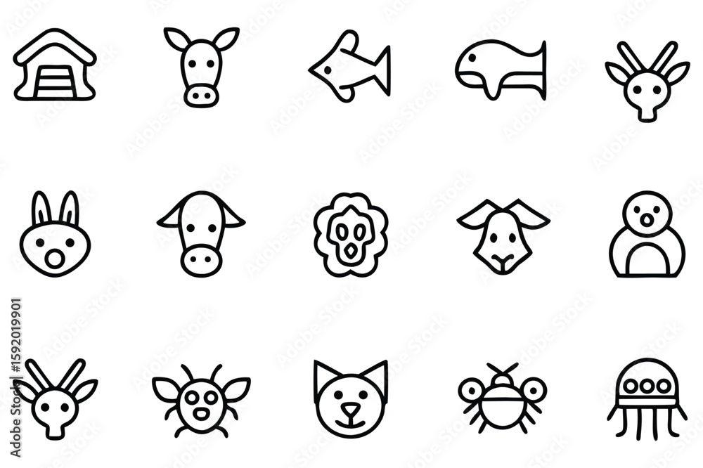 Fototapeta premium Collection of Whimsical Animal and Insect Icons Depicting a Variety of Creatures in a Simple Line Art Style