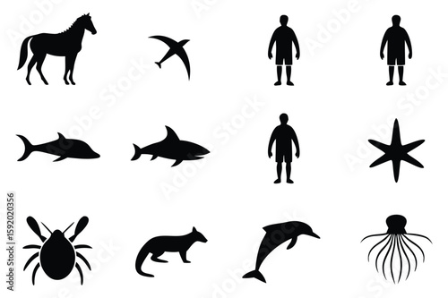 Diverse Wildlife and Human Silhouettes A Collection of Fauna Flora and Figurines in a Striking Black and White Composition