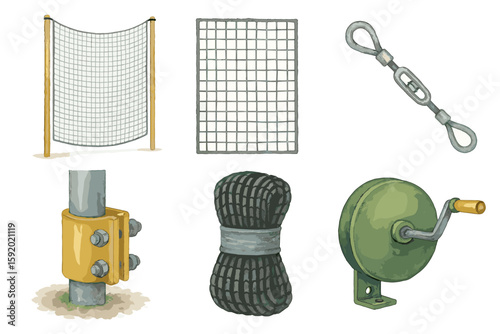 watercolor icon backstop safety net foul ball mesh steel cable tension pole anchor clamp UV treated nylon net retractable winch system paint colo isolated
