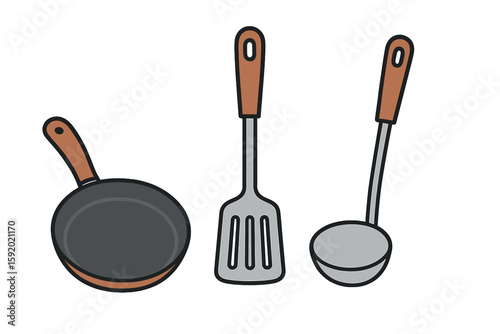 kitchen pan spatula ladle perfect colo vector style isolated transparent