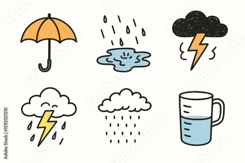 hand drawn cute doodle style isolated umbrella canopy soaked pavement thunder mble ning flash drizzle mist rain gauge cup м