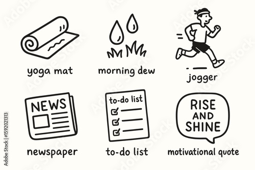 hand drawn cute doodle style isolated morning (activity): yoga mat morning dew jogger newspaper to do list motivational quote. м