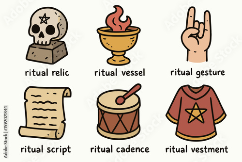 hand drawn cute doodle style isolated ritual relic ritual vessel ritual gesture ritual script ritual cadence ritual vestment