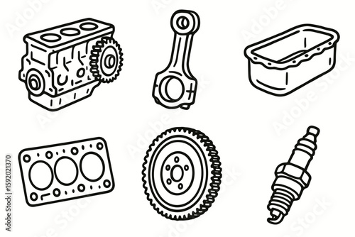hand drawn cute doodle style isolated long block engine timing gear long block engine connecting rod long block engine oil pan long block engine head gasket long block engine flywheel long