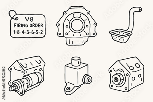 hand drawn cute doodle style isolated V8 crate block firing order tag V8 crate block bellhousing flange V8 crate block sump pickup V8 crate block starter mount V8 crate block ignition boss