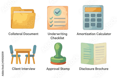 watercolor icon collateral document folder underwriting checklist amortization calculator client interview table approval stamp disclosure brochure paint colo isolated