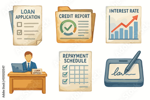 watercolor icon loan application forms cit report file interest rate chart loan officer desk repayment schedule printout signature pad paint colo isolated