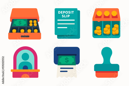 si objects cash drawer deposit slip stack coin sorter teller window glass transaction receipt printer endorsement stamp solid color icon out vector fills palette minimal isolated