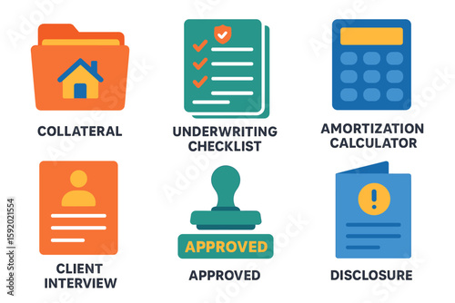 si objects collateral document folder underwriting checklist amortization calculator client interview table approval stamp disclosure brochure solid color icon out vector fills palette