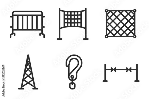 out stroke icon spectator barrier screen side divider net debris catch mesh high rise support mast quick release hook perimeter top rope mono icons style isolated
