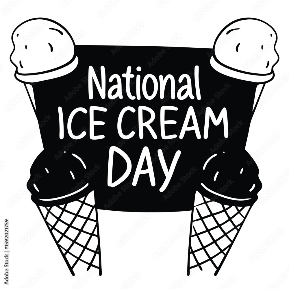 National Ice Cream Day Illustration with Cones and Scoops Black and White Design on transparent background hand drawn style illustration celebrating Day Features ice cream cones