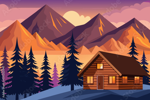 Scenic Mountain Cabin at Sunset – Colorful Nature Landscape Illustration