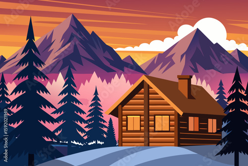 Scenic Mountain Cabin at Sunset – Colorful Nature Landscape Illustration