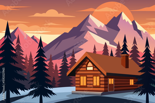 Scenic Mountain Cabin at Sunset – Colorful Nature Landscape Illustration