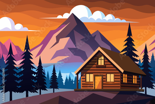 Scenic Mountain Cabin at Sunset – Colorful Nature Landscape Illustration