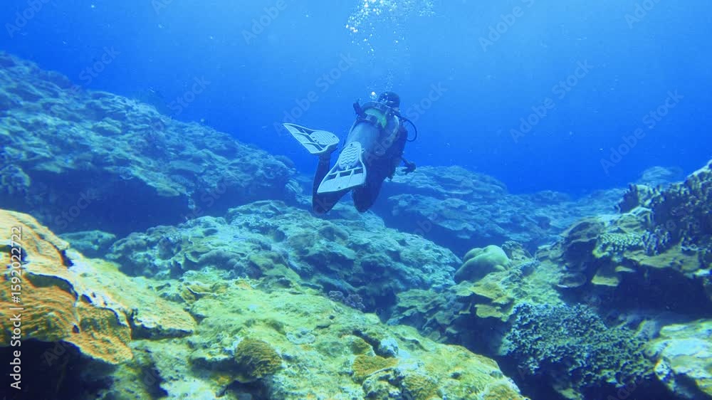 slow motion of a scuba diver wearing diving equipment view from the back swimming underwater in the blue sea salt with hard coral Montipora reef at bottom of the deep ocean bed during day time in Asia